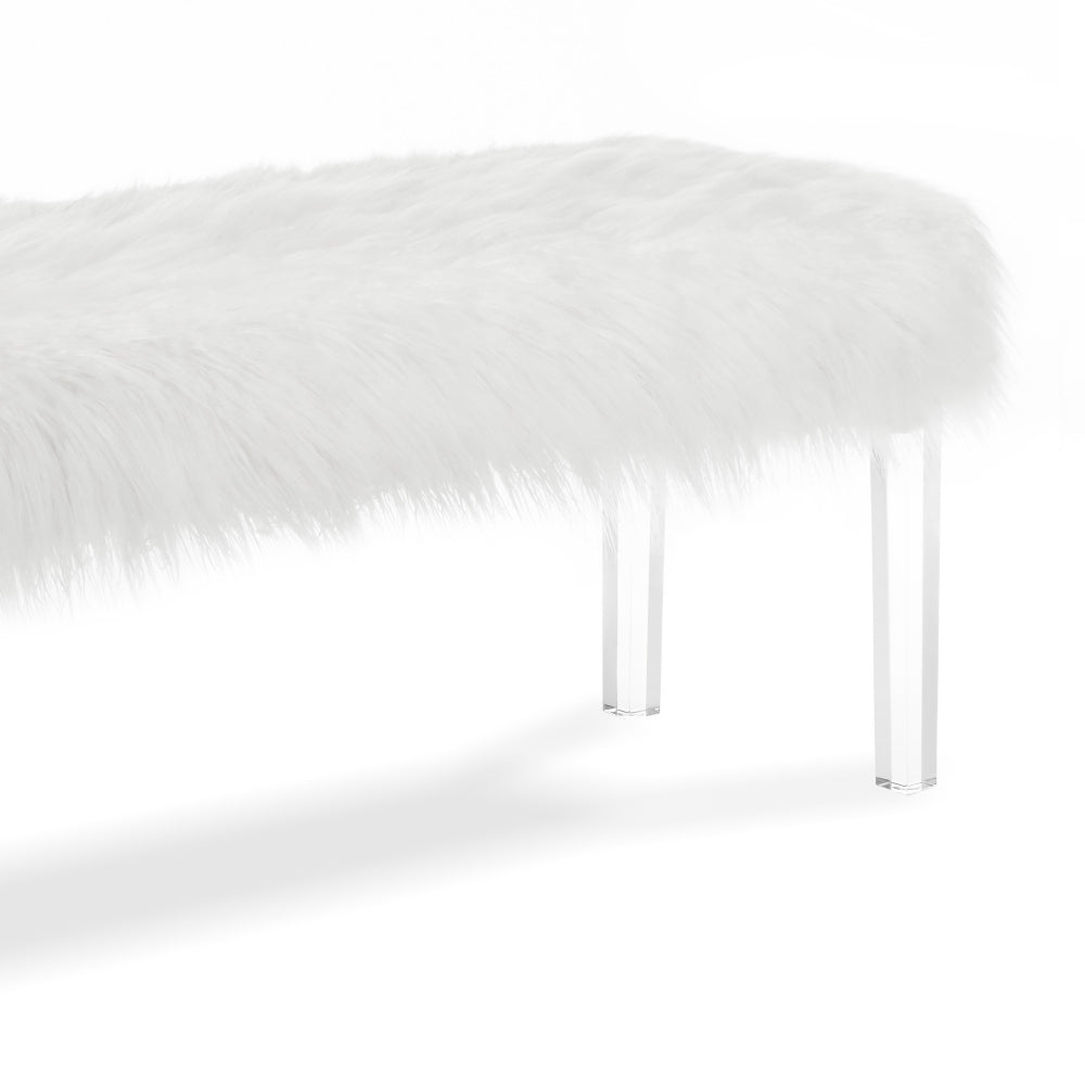 49 Inch Faux Fur Bench with Acrylic Clear Legs, White - BM272063