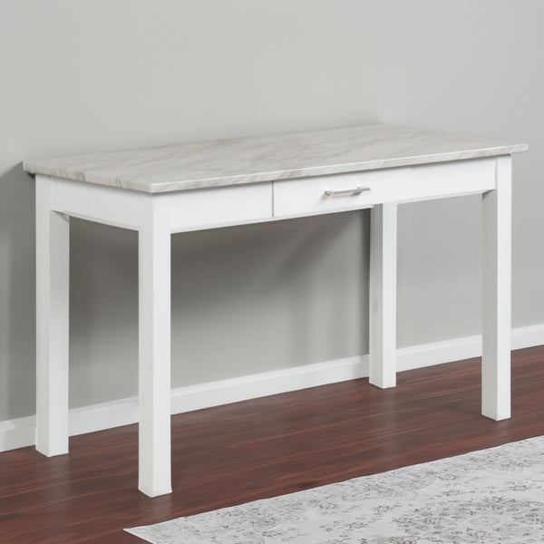 Jay 48 Inch Desk With Drawer and Faux Marble Top, White - BM272065