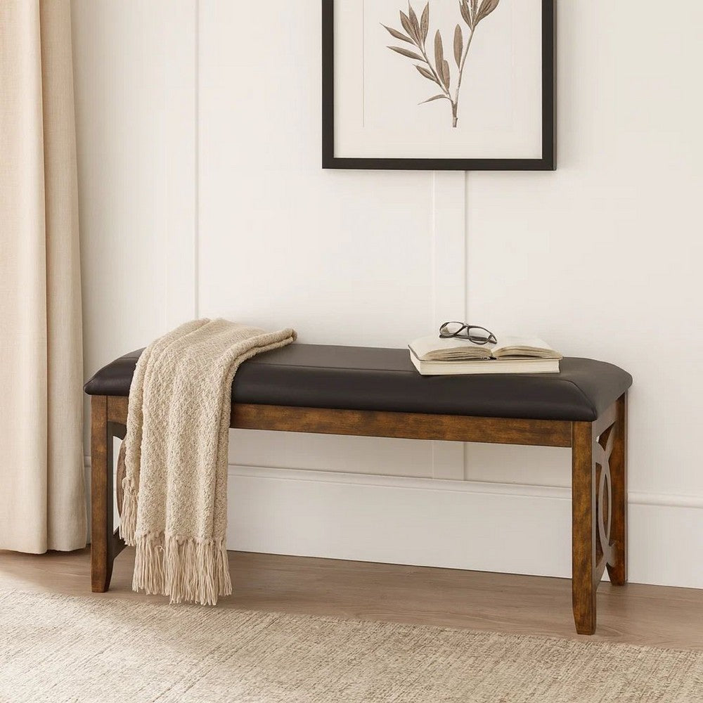 Gary 46 Inch Wood Bench with Leatherette Seat, Brown - BM272087