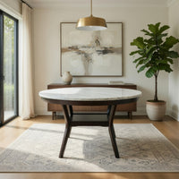 Kate 47 Inch Round Dining Table with Faux Marble Top, White and Brown - BM272103