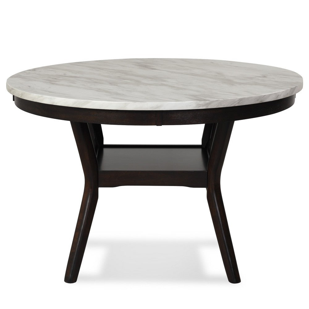 Kate 47 Inch Round Dining Table with Faux Marble Top, White and Brown - BM272103