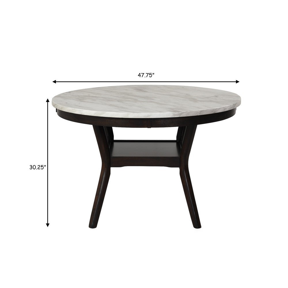Kate 47 Inch Round Dining Table with Faux Marble Top, White and Brown - BM272103