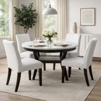 Kate 47 Inch Round Dining Table with Faux Marble Top, White and Brown - BM272103