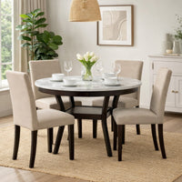 Kate 47 Inch Round Dining Table with Faux Marble Top, White and Brown - BM272103