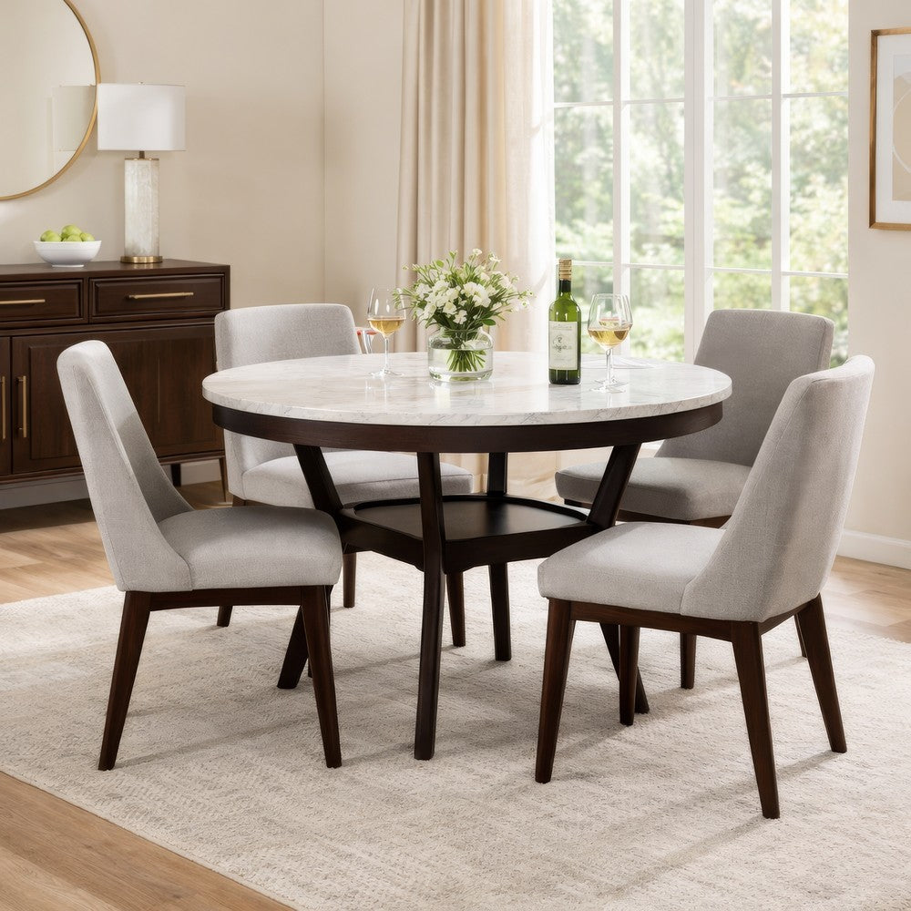 Kate 47 Inch Round Dining Table with Faux Marble Top, White and Brown - BM272103