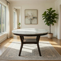 Kate 47 Inch Round Dining Table with Faux Marble Top, White and Brown - BM272103