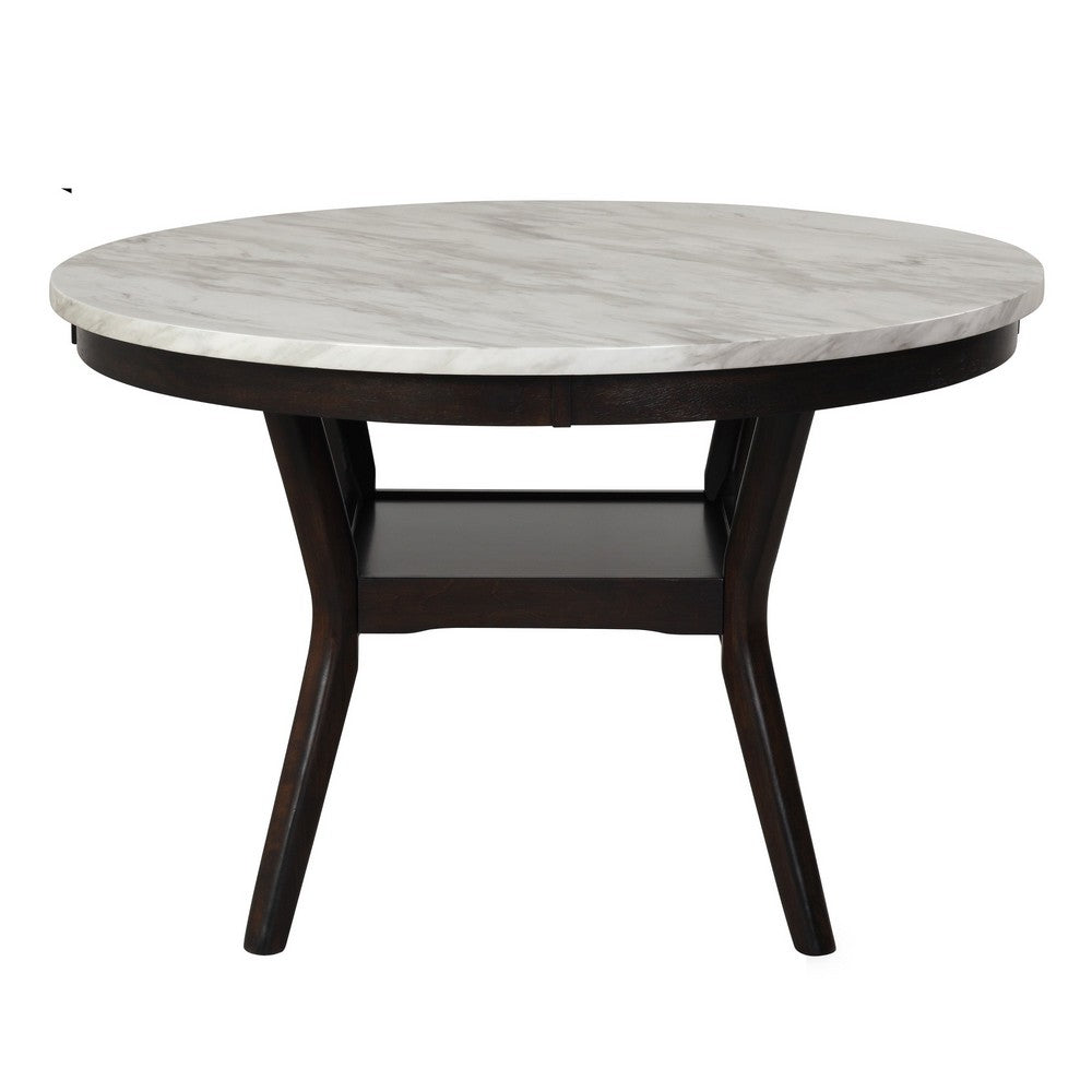 Kate 47 Inch Round Dining Table with Faux Marble Top, White and Brown - BM272103