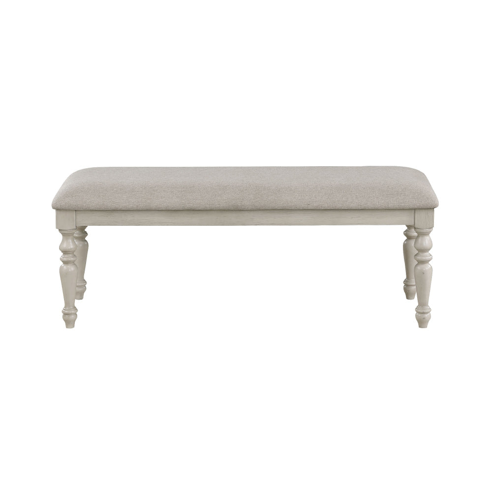 Katherine 48 Inch Bench with Fabric Seat and Turned Legs, White - BM272124