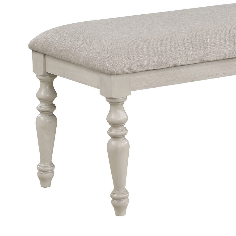 Katherine 48 Inch Bench with Fabric Seat and Turned Legs, White - BM272124