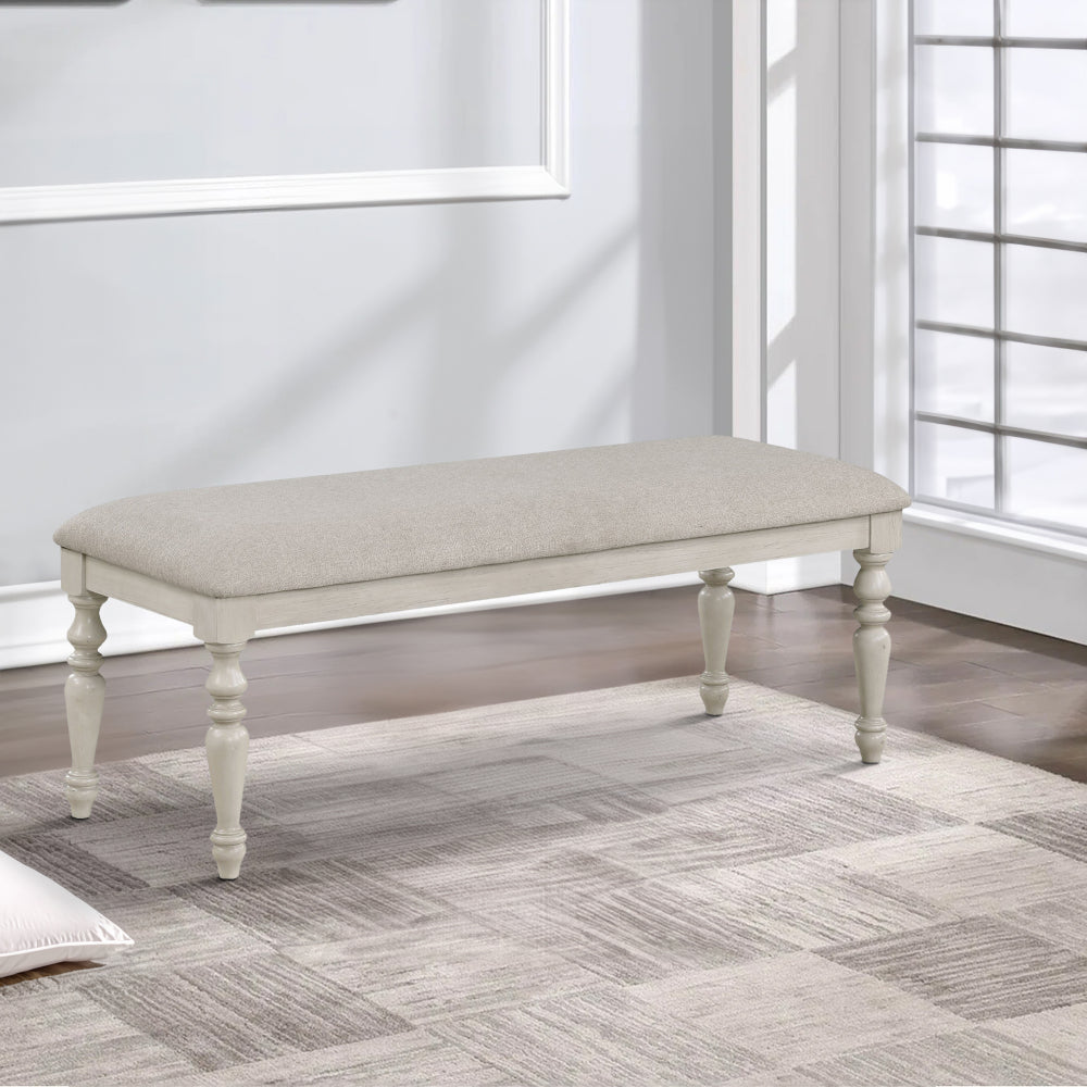 Katherine 48 Inch Bench with Fabric Seat and Turned Legs, White ...
