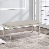 Katherine 48 Inch Bench with Fabric Seat and Turned Legs, White - BM272124