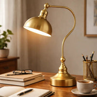 25 Inch Metal Curved Desk Lamp, Adjustable Dome Shade, Brass - BM272204