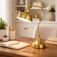 25 Inch Metal Curved Desk Lamp, Adjustable Dome Shade, Brass - BM272204