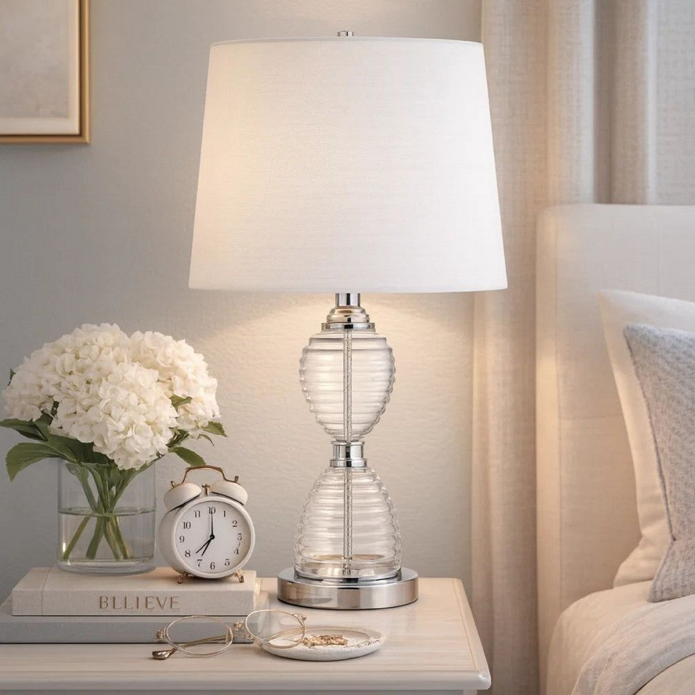 23 Inch Hourglass Ribbed Glass Base Table Lamp, Dimmer, Clear - BM272213