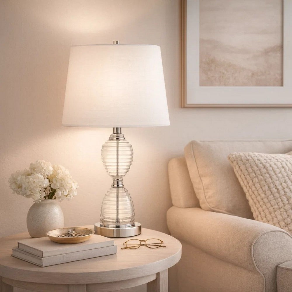 23 Inch Hourglass Ribbed Glass Base Table Lamp, Dimmer, Clear - BM272213