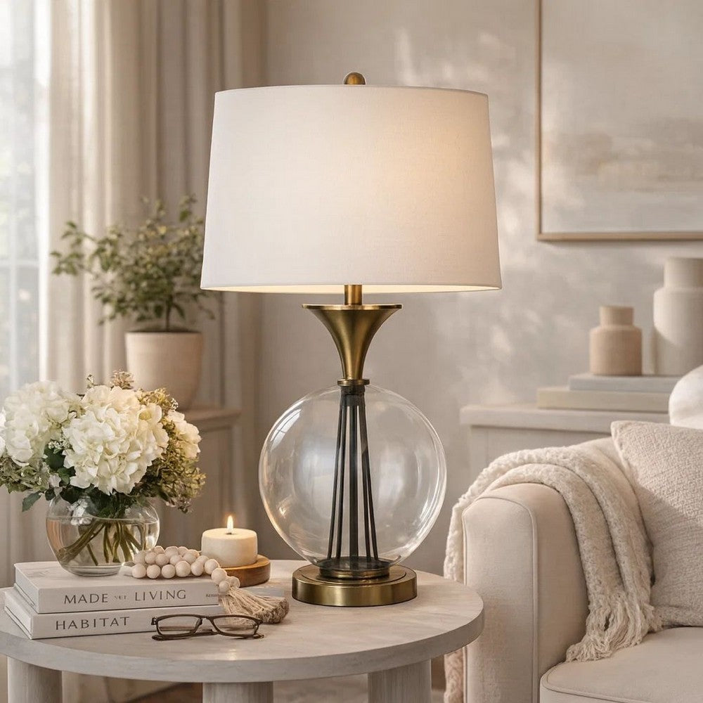 46 Inch Metal And Glass Globe Table Lamp, Dimmer, Brass Finish - BM272230
