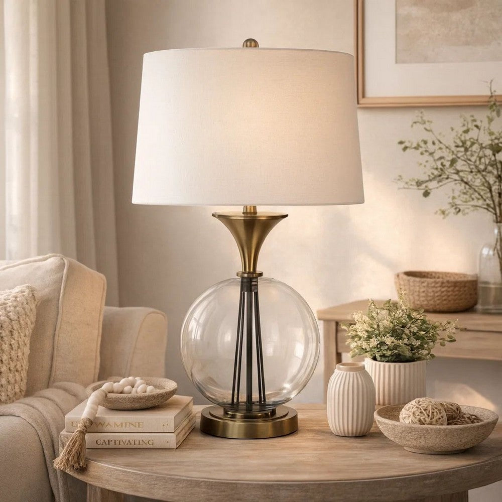 46 Inch Metal And Glass Globe Table Lamp, Dimmer, Brass Finish - BM272230