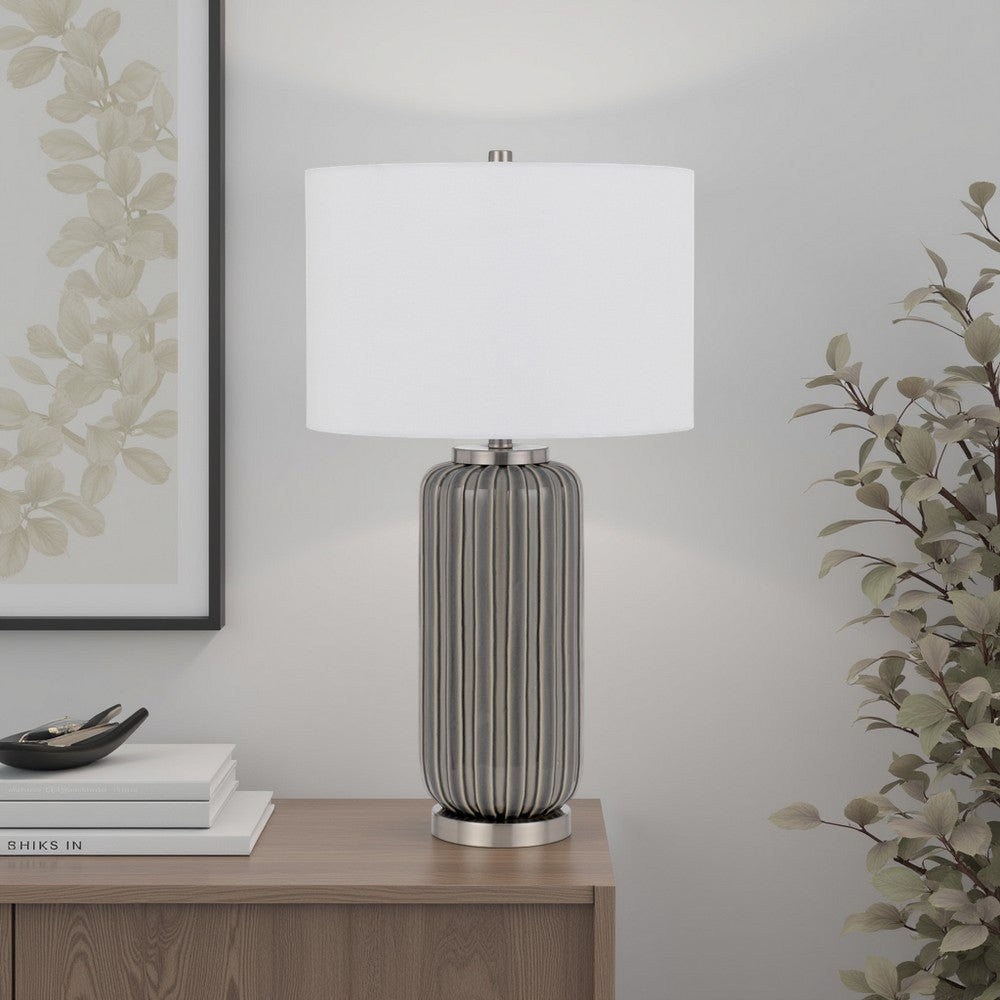 29 Inch Ceramic Curved Table Lamp with Stripes, Dimmer, Gray - BM272340