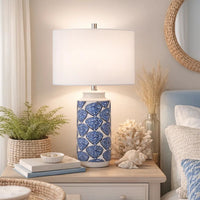 27 Inch Coastal Ceramic Table Lamp, Dimmer, Sea Shells, Blue - BM272350