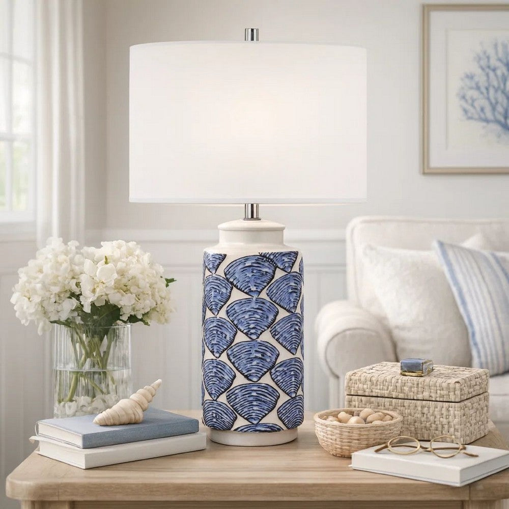 27 Inch Coastal Ceramic Table Lamp, Dimmer, Sea Shells, Blue - BM272350