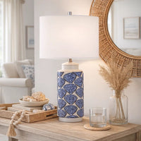 27 Inch Coastal Ceramic Table Lamp, Dimmer, Sea Shells, Blue - BM272350