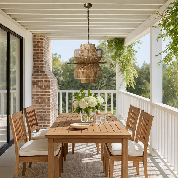 24 Inch Rattan Pendant Chandelier, Natural Brown, Brass - BM272381