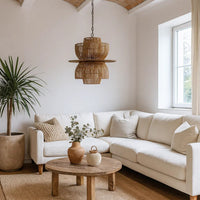 24 Inch Rattan Pendant Chandelier, Natural Brown, Brass - BM272381