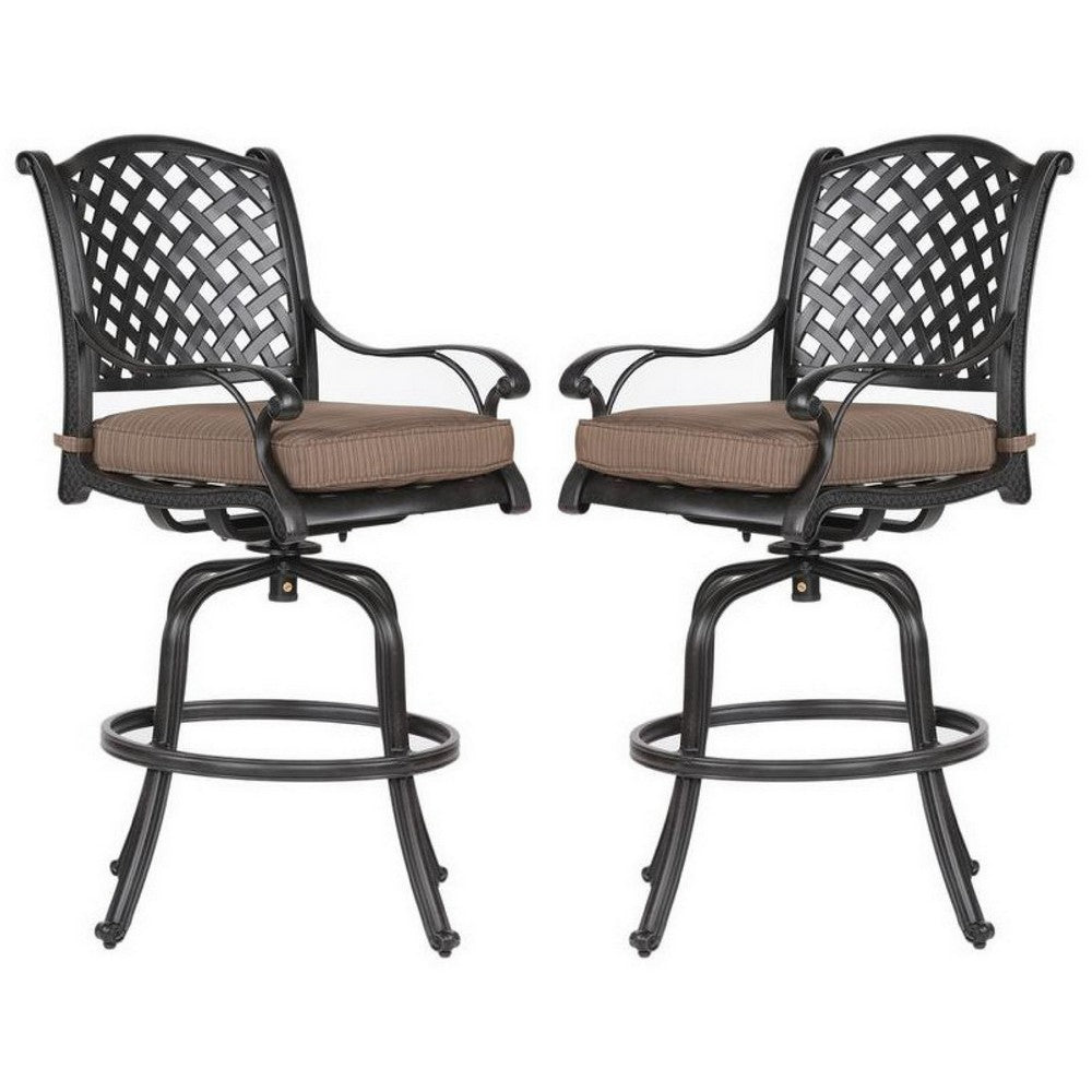 49 Inch Zoe Swivel Outdoor Bar Stool, Set of 2, Black and Brown - BM272439