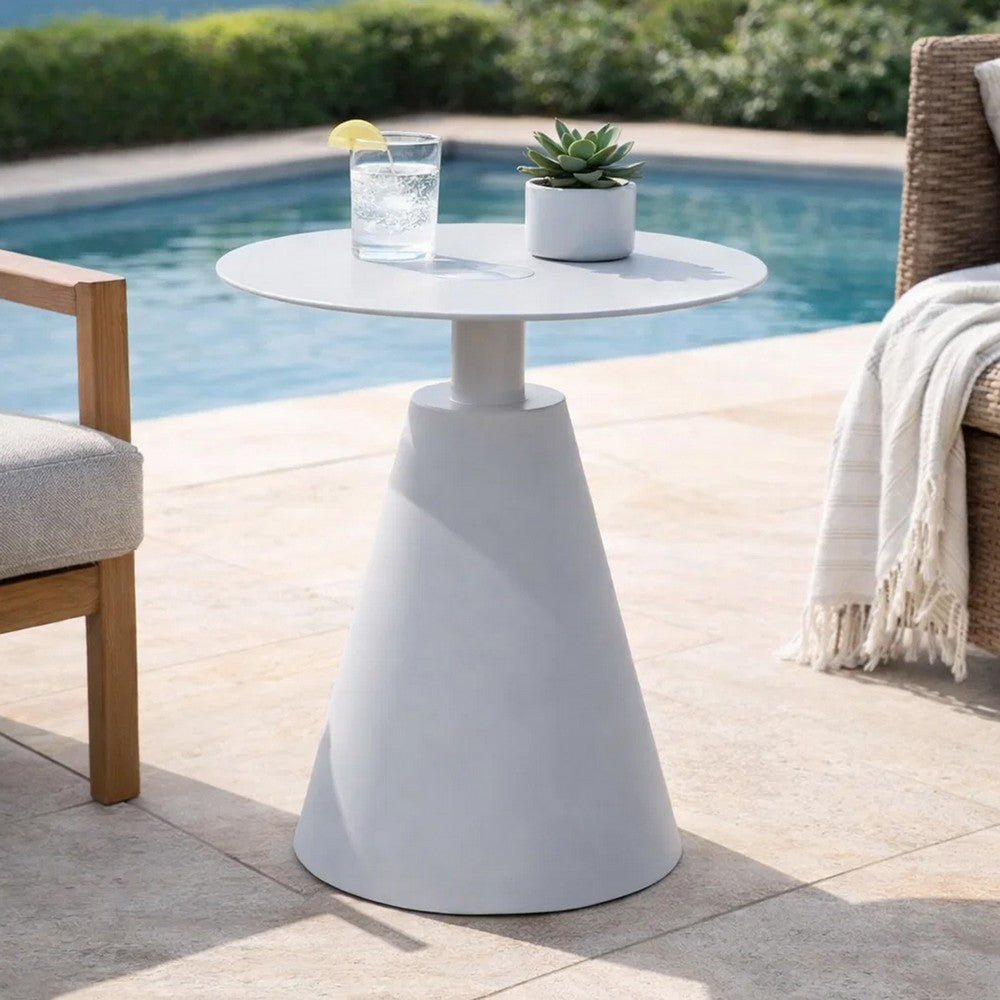 22 Inch Outdoor, Aluminum Side Table with Cone Shaped Base, White - BM272452