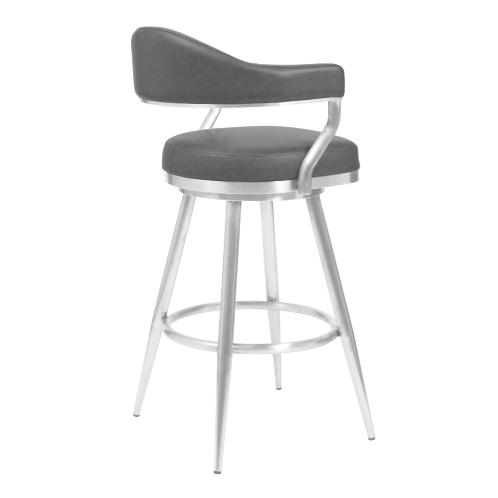 26 Inch Vegan Faux Leather Metal Counter Stool, Gray, Silver - BM272497