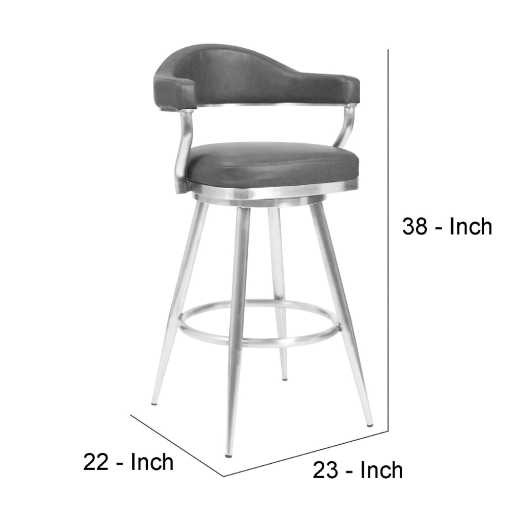 26 Inch Vegan Faux Leather Metal Counter Stool, Gray, Silver - BM272497