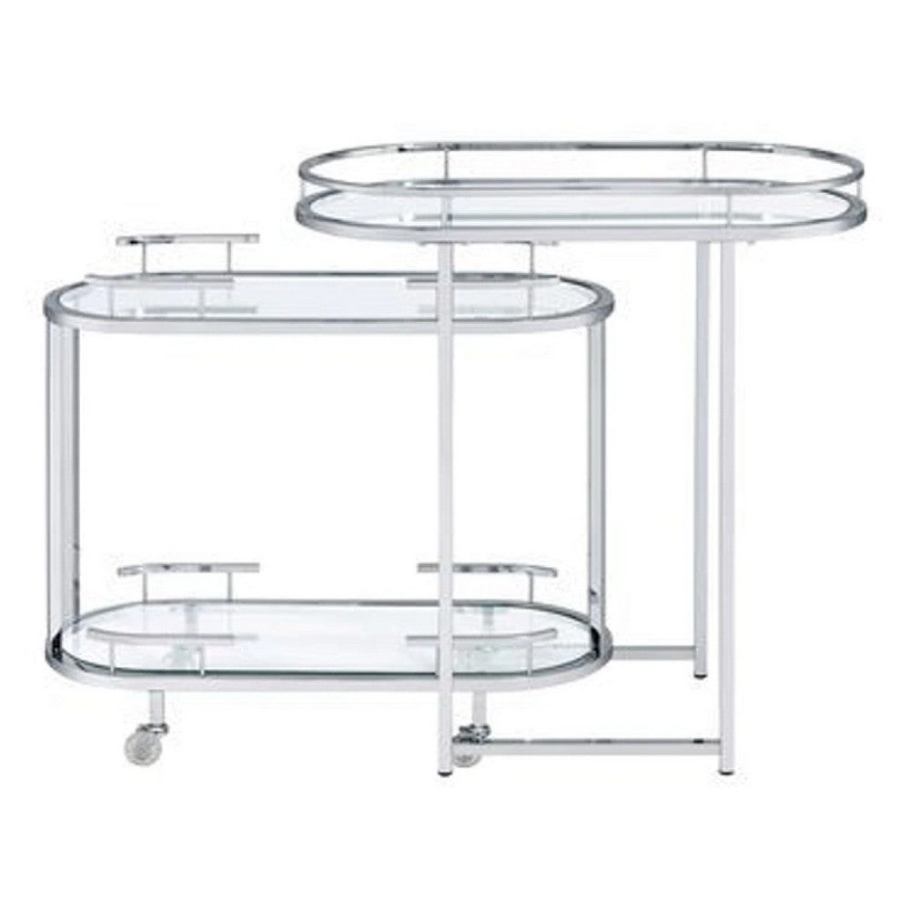 16 Inch Curved 2 Tier Serving Bar Cart with Tempered Glass Shelves, Silver - BM273224