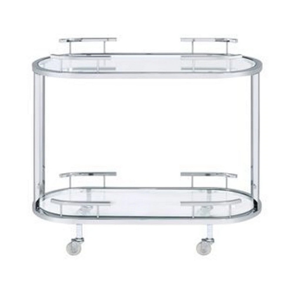16 Inch Curved 2 Tier Serving Bar Cart with Tempered Glass Shelves, Silver - BM273224