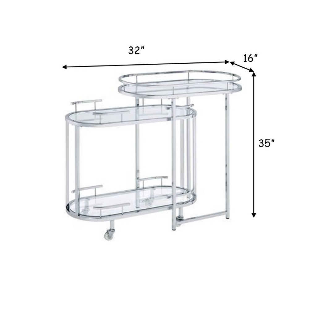 16 Inch Curved 2 Tier Serving Bar Cart with Tempered Glass Shelves, Silver - BM273224