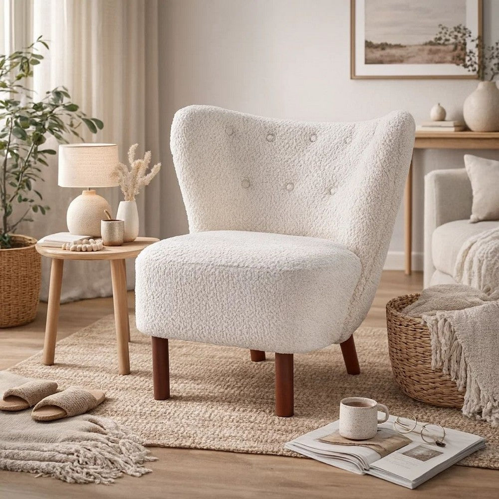 34 Inch Modern Tufted Wingback Accent Chair, Teddy Sherpa Fabric, White - BM273226