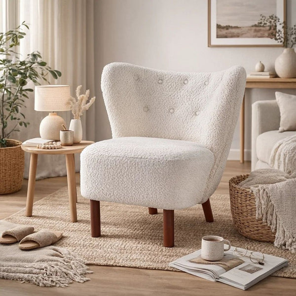 34 Inch Modern Tufted Wingback Accent Chair, Teddy Sherpa Fabric, White - BM273226