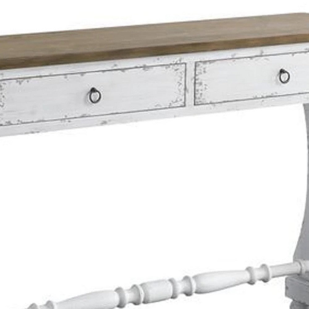 48 Inch 2 Drawer Console Table, Ring Metal Handles, Distressed White - BM273238