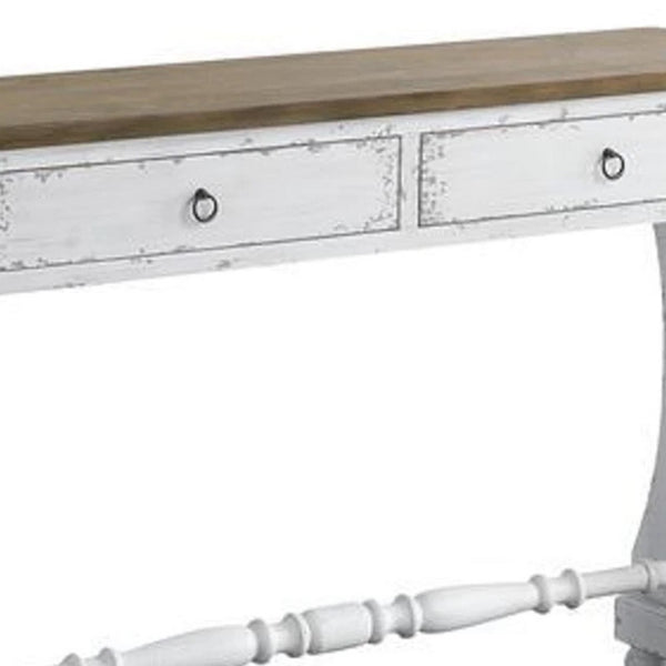 48 Inch 2 Drawer Console Table, Ring Metal Handles, Distressed White - BM273238