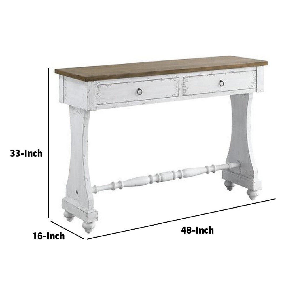 48 Inch 2 Drawer Console Table, Ring Metal Handles, Distressed White - BM273238
