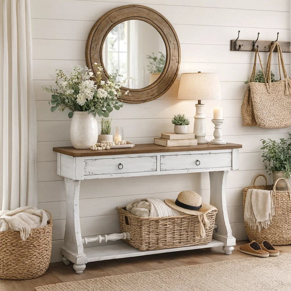 48 Inch 2 Drawer Console Table, Ring Metal Handles, Distressed White - BM273238