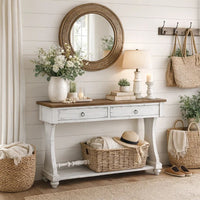 48 Inch 2 Drawer Console Table, Ring Metal Handles, Distressed White - BM273238
