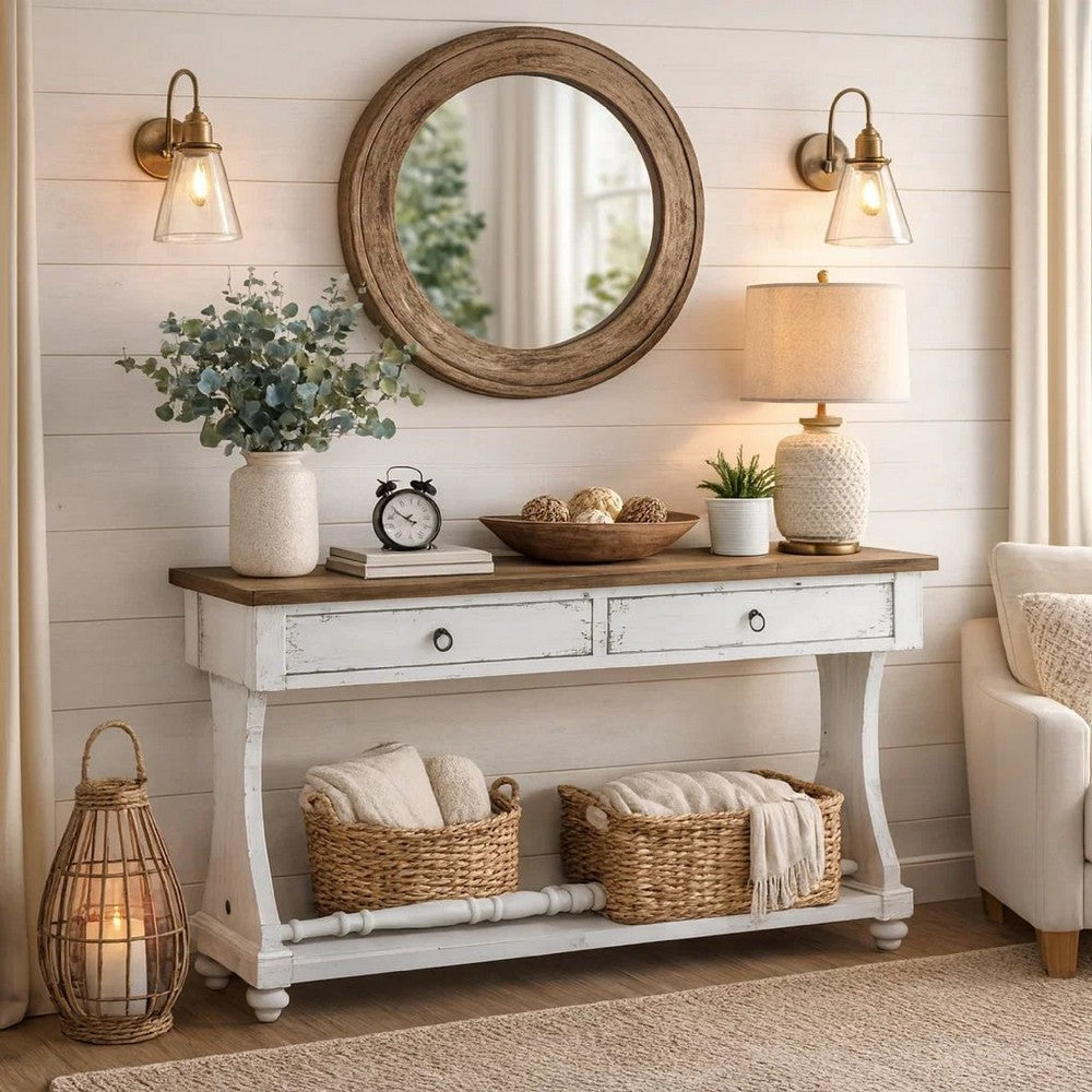 48 Inch 2 Drawer Console Table, Ring Metal Handles, Distressed White - BM273238