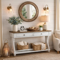 48 Inch 2 Drawer Console Table, Ring Metal Handles, Distressed White - BM273238