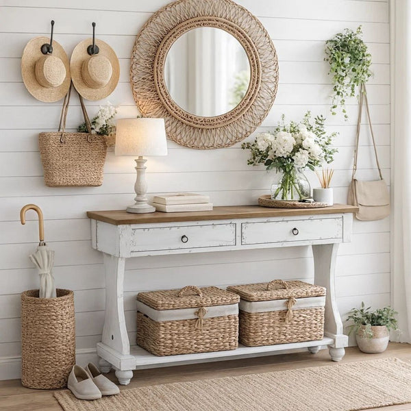 48 Inch 2 Drawer Console Table, Ring Metal Handles, Distressed White - BM273238