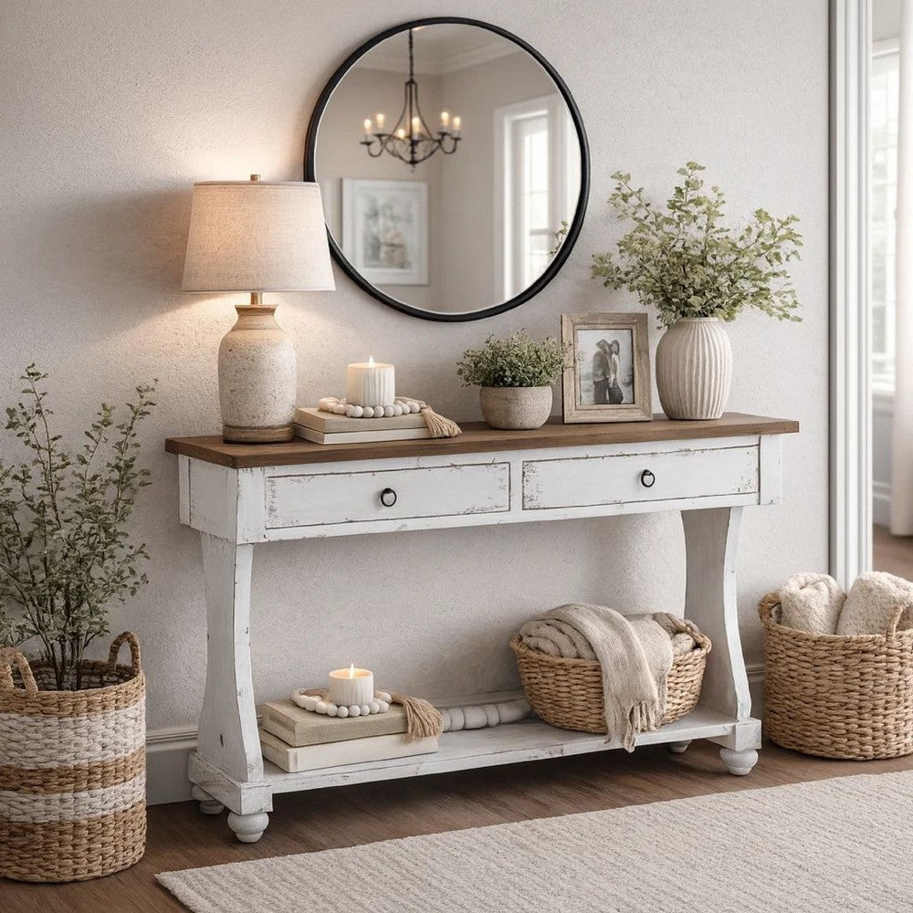 48 Inch 2 Drawer Console Table, Ring Metal Handles, Distressed White - BM273238