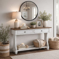 48 Inch 2 Drawer Console Table, Ring Metal Handles, Distressed White - BM273238
