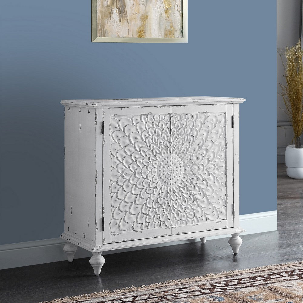 36 Inch Wood Console Buffet Cabinet, Carved Floral Pattern, Antique White - BM273243