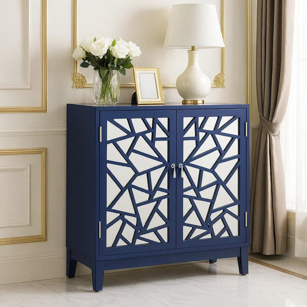 33 Inch 2 Door Mirrored Console Sideboard Cabinet with Shelf, Blue - BM273245