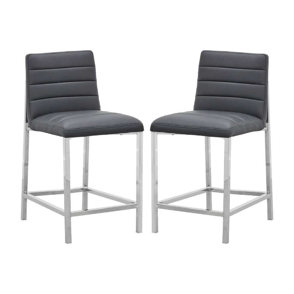 Eun 26 Inch Faux Leather Counter Stool, Chrome Legs, Set of 2, Dark Gray - BM273683