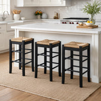 Chris 24 Inch Counter Stool with Wood Frame, Handwoven Rush Seat, Black - BM274267